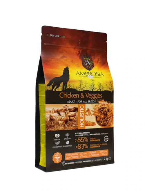 ambrosia אמברוסיה- מזון לכלב, עוף וירקות 12 ק"ג - FOR DOG TRAINERS- ISRAEL