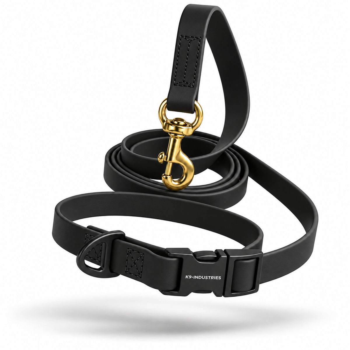 רצועת PowerFlex מתכווננת רב-שימושית בצבע שחור עם קרבינת פליז מלא ואבזם מתכת זזיז, 225 ס"מ עמידה במים - K9-Industries
