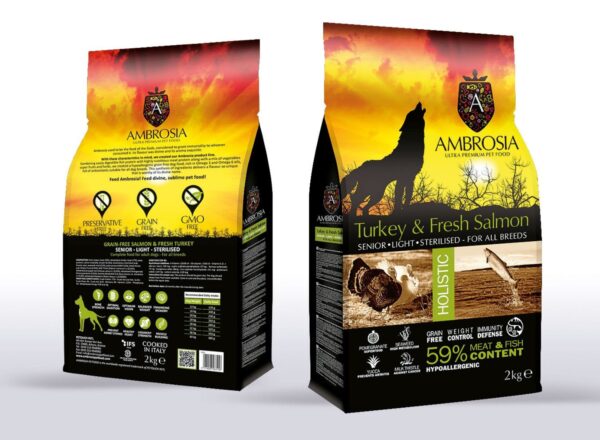ambrosia אמברוסיה- מזון לכלב, לייט/ סניור הודו וסלמון 12 ק"ג - FOR DOG TRAINERS- ISRAEL