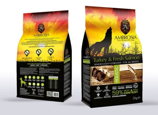 ambrosia אמברוסיה- מזון לכלב, לייט/ סניור הודו וסלמון 12 ק"ג - FOR DOG TRAINERS- ISRAEL