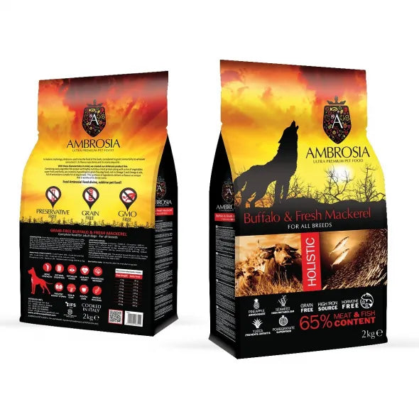 ambrosia אמברוסיה- מזון לכלב, באפלו ומקרל 12 ק"ג - FOR DOG TRAINERS- ISRAEL