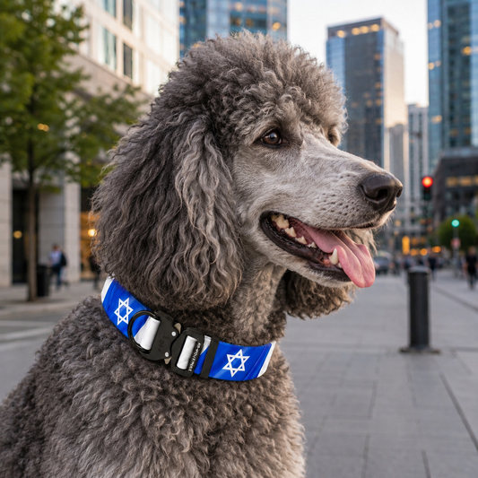 קולר לכלב עם הדפס דגל ישראל על פודל אפור - קולר עמיד לאילוף ולטיולים - FOR DOG TRAINERS ישראל