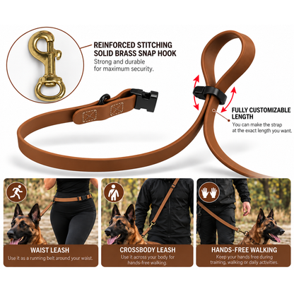 רצועת PowerFlex לידיים חופשיות: קרבינת SOLID BRASS, תפרים מחוזקים, אורך מתכוונן לגמרי, רצועת מותן, הצלבה על הגוף והליכה בידיים חופשיות