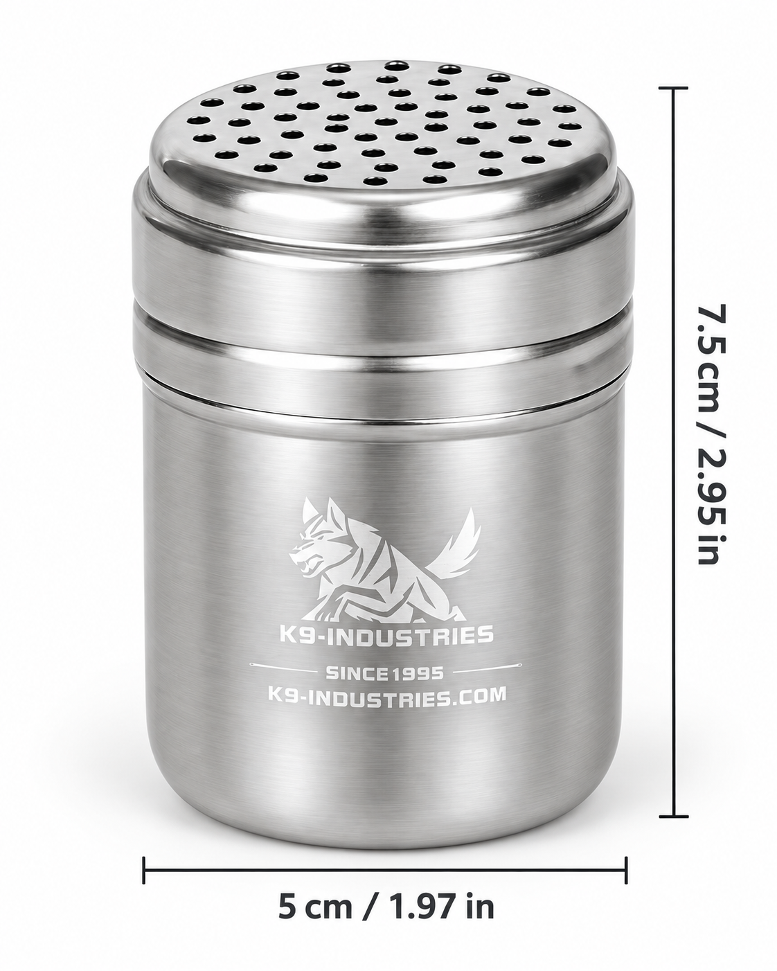 סניפר לכלב מנירוסטה K9-Industries, מיכל ריח קטן 5x7.5 ס"מ עם מכסה מנוקב
