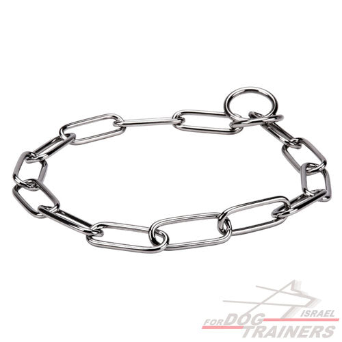 Heavy-duty metal dog training choke chain collar with large links on white background
