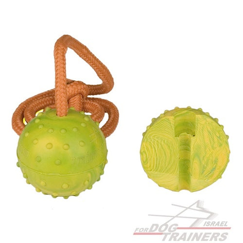 כדור אימון לכלבים על חבל עשוי גומי מוצק - גודל בינוני 6 ס"מ - FOR DOG TRAINERS- ISRAEL