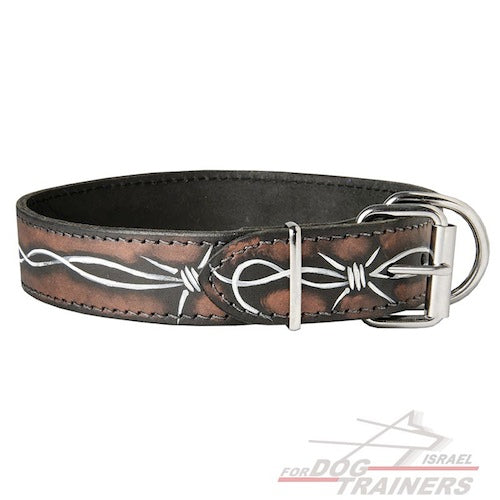 קולר לכלב מעור בצביעה ידנית - דגם "חוט תיל" - FOR DOG TRAINERS- ISRAEL
