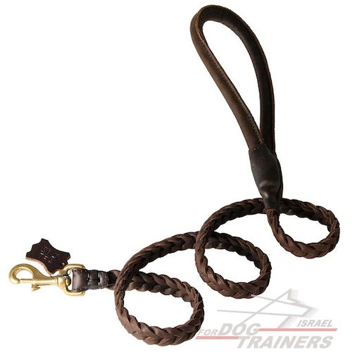 רצועת עור לכלב קלועה עם ידית עגולה מעור - FOR DOG TRAINERS- ISRAEL