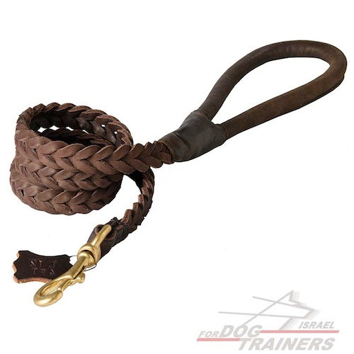 רצועת עור לכלב קלועה עם ידית עגולה מעור - FOR DOG TRAINERS- ISRAEL