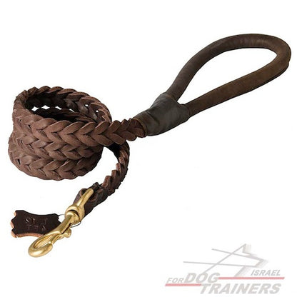 רצועת עור לכלב קלועה עם ידית עגולה מעור - FOR DOG TRAINERS- ISRAEL