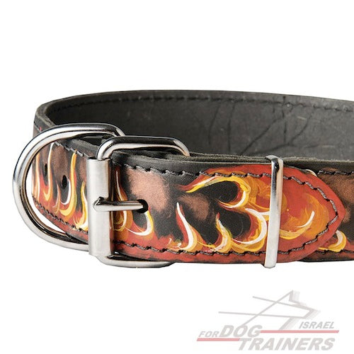 קולר לכלב מעור בצביעה ידנית - "להבות" - FOR DOG TRAINERS- ISRAEL