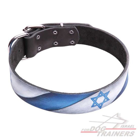 קולר לכלב מעור בצביעה ידנית - דגל ישראל - FOR DOG TRAINERS- ISRAEL