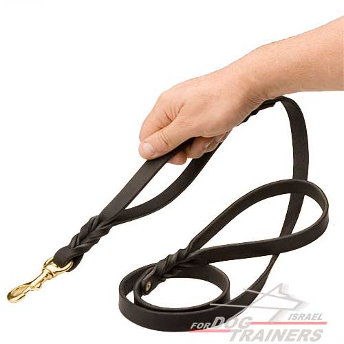 רצועת עור לכלב קלועה עם ידית נוספת - FOR DOG TRAINERS- ISRAEL