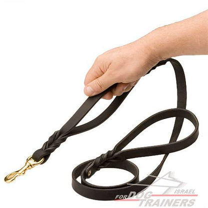 רצועת עור לכלב קלועה עם ידית נוספת - FOR DOG TRAINERS- ISRAEL