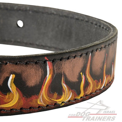 קולר לכלב מעור בצביעה ידנית - "להבות" - FOR DOG TRAINERS- ISRAEL
