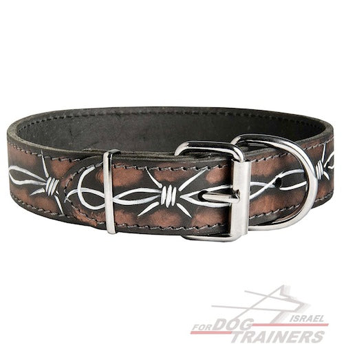קולר לכלב מעור בצביעה ידנית - דגם "חוט תיל" - FOR DOG TRAINERS- ISRAEL