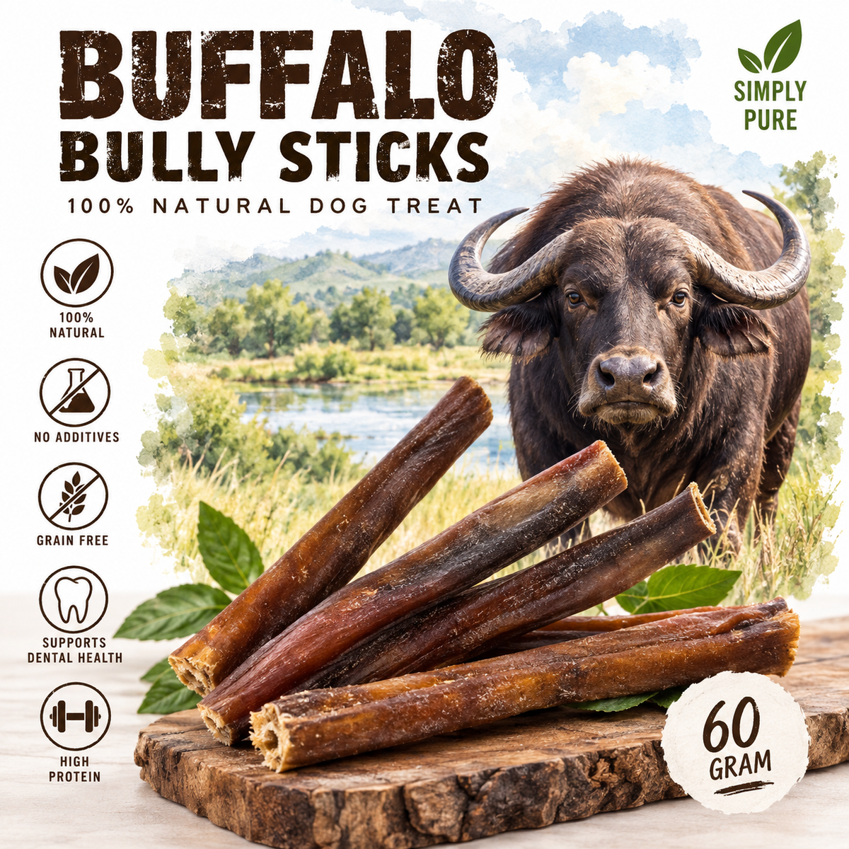 מקלות בופלו Bully Sticks לכלב - חטיף לעיסה טבעי עשיר בחלבון, 60 גרם
