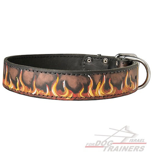 קולר לכלב מעור בצביעה ידנית - "להבות" - FOR DOG TRAINERS- ISRAEL