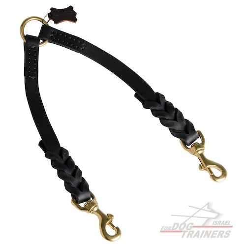 רצועה לכלב קלועה מעור לטיולים עם 2 כלבים - FOR DOG TRAINERS- ISRAEL