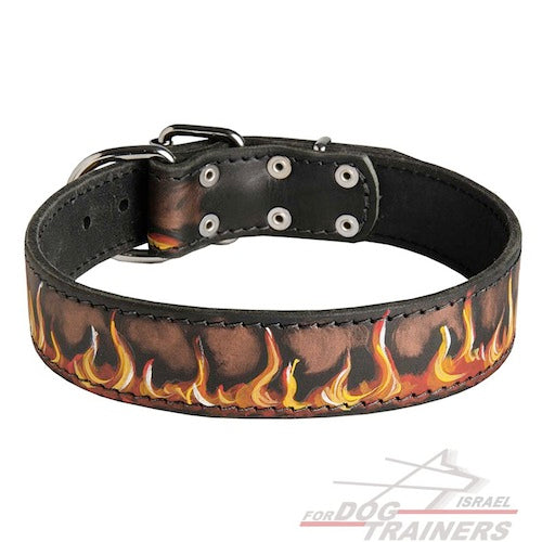 קולר לכלב מעור בצביעה ידנית - "להבות" - FOR DOG TRAINERS- ISRAEL