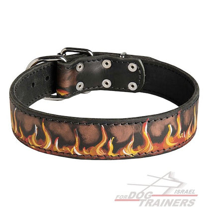 קולר לכלב מעור בצביעה ידנית - "להבות" - FOR DOG TRAINERS- ISRAEL