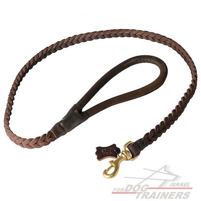 רצועת עור לכלב קלועה עם ידית עגולה מעור - FOR DOG TRAINERS- ISRAEL
